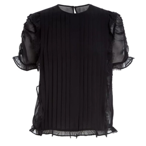 Max Studio Black Pleated Front Ruched Sleeve Ruffle Top Blouse - Size Small